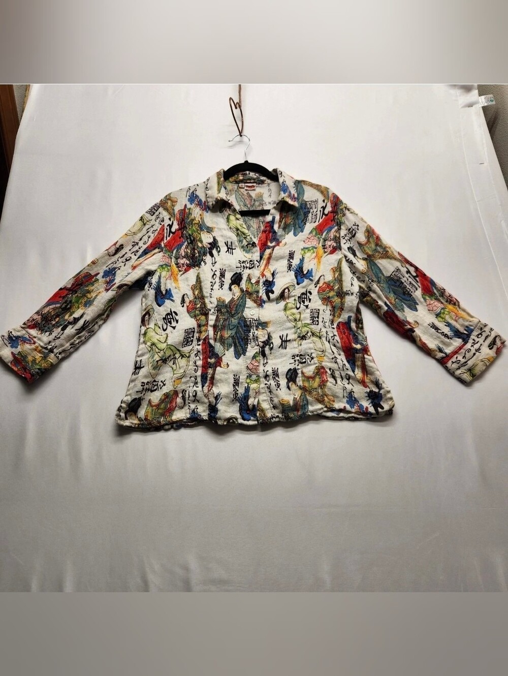 ⭐️Vintage Tianello 100% Linen Suzy Blouse XL Geisha Graphic Print Art Wear USA